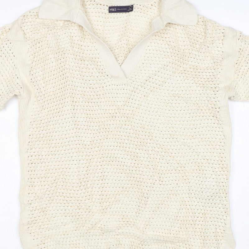 Marks & Spencer Women Ivory M Open-Knit Collared Short Sleeve Jumper