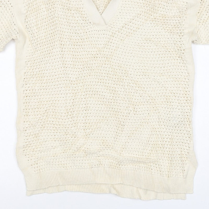 Marks & Spencer Women Ivory M Open-Knit Collared Short Sleeve Jumper