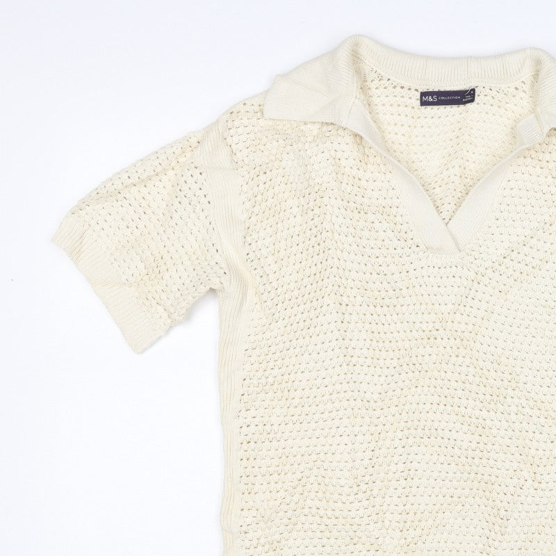 Marks & Spencer Women Ivory M Open-Knit Collared Short Sleeve Jumper