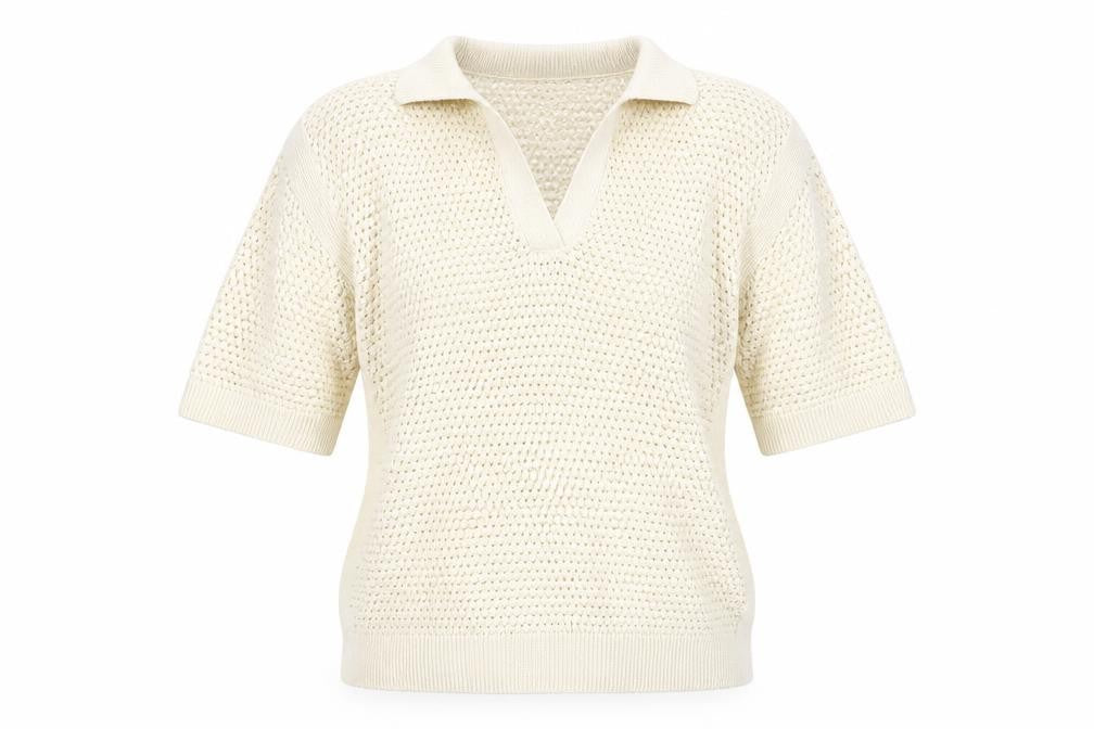 Marks & Spencer Women Ivory M Open-Knit Collared Short Sleeve Jumper