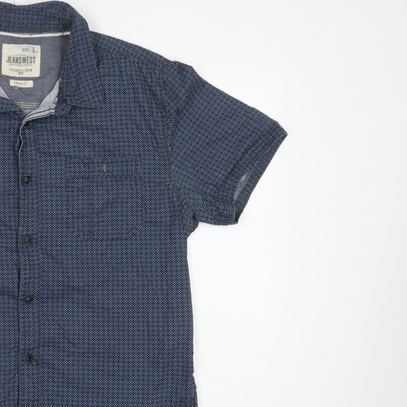 Jeanswest Men’s Blue Polka Dot Classic Fit Short Sleeve Button-Up Shirt L