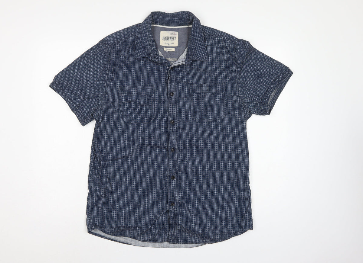 Jeanswest Men’s Blue Polka Dot Classic Fit Short Sleeve Button-Up Shirt L