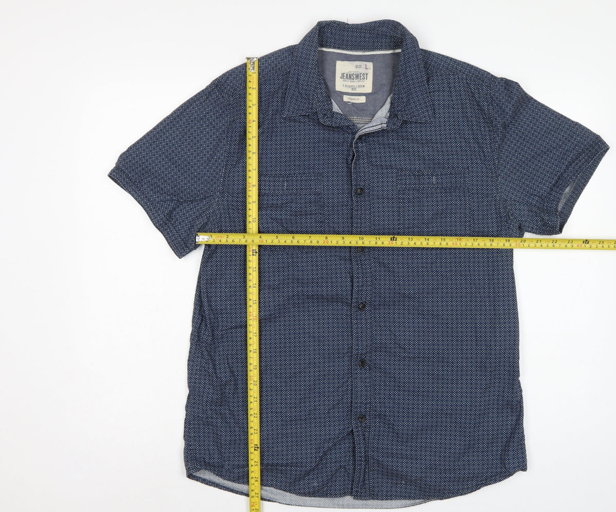 Jeanswest Men’s Blue Polka Dot Classic Fit Short Sleeve Button-Up Shirt L