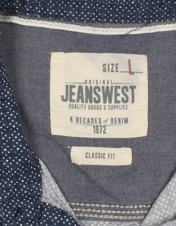 Jeanswest Men’s Blue Polka Dot Classic Fit Short Sleeve Button-Up Shirt L