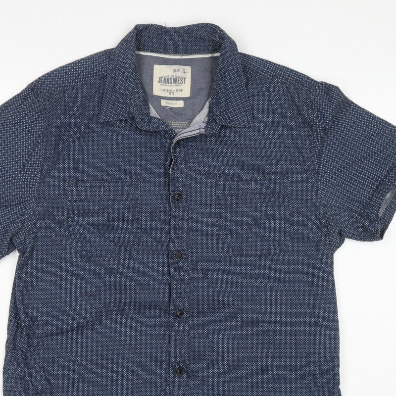 Jeanswest Men’s Blue Polka Dot Classic Fit Short Sleeve Button-Up Shirt L
