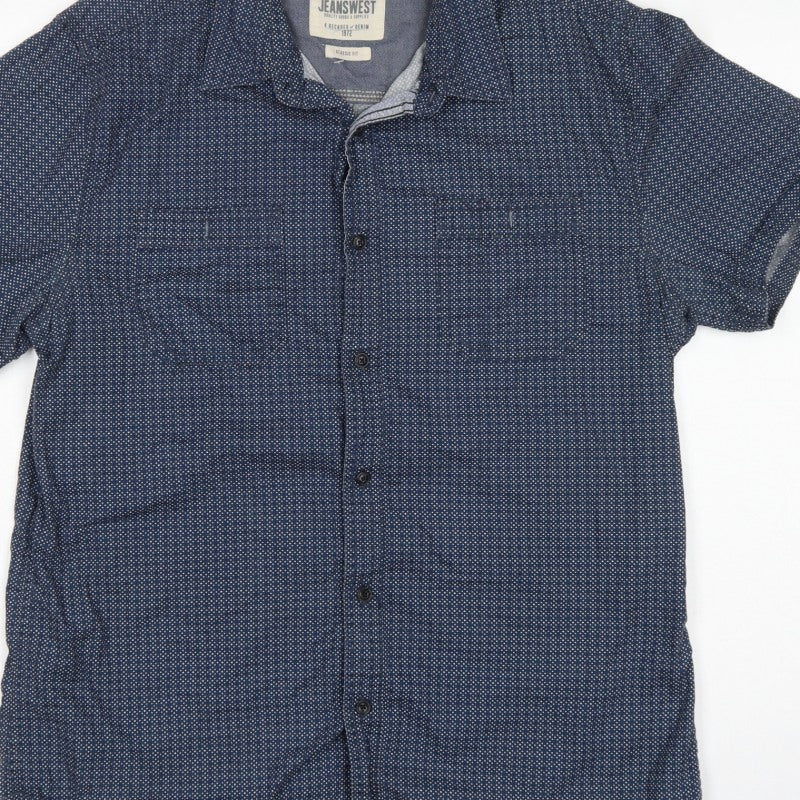 Jeanswest Men’s Blue Polka Dot Classic Fit Short Sleeve Button-Up Shirt L