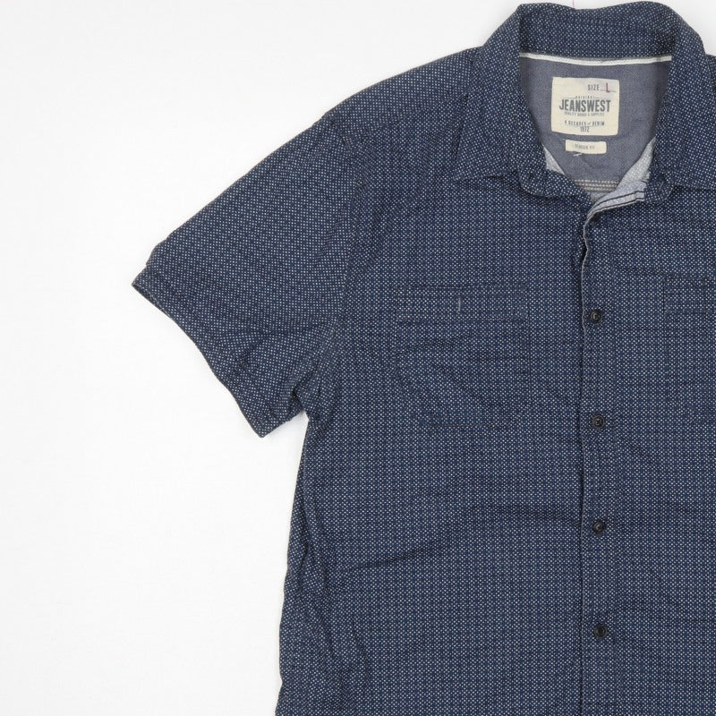 Jeanswest Men’s Blue Polka Dot Classic Fit Short Sleeve Button-Up Shirt L