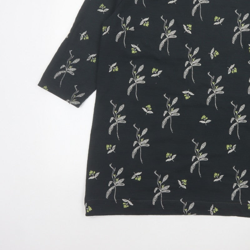 White Stuff Women Black Floral 3/4 Bell Sleeve Jersey Top UK 18