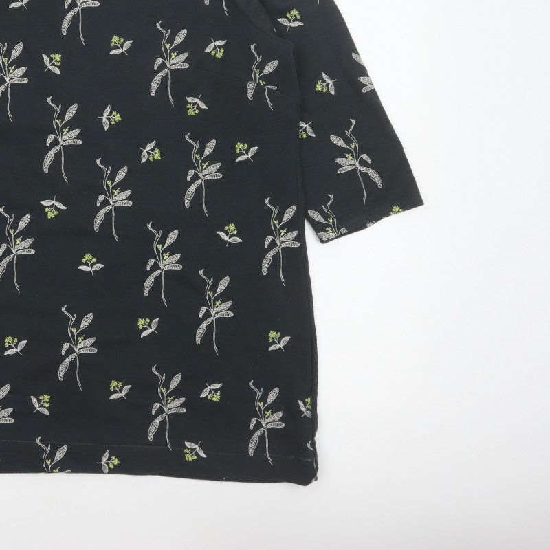 White Stuff Women Black Floral 3/4 Bell Sleeve Jersey Top UK 18