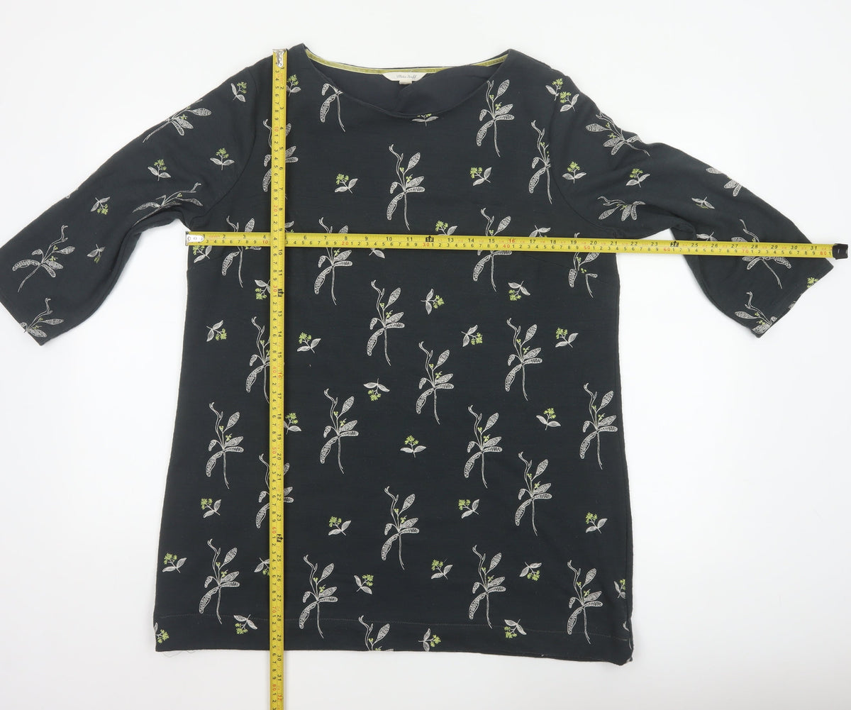White Stuff Women Black Floral 3/4 Bell Sleeve Jersey Top UK 18