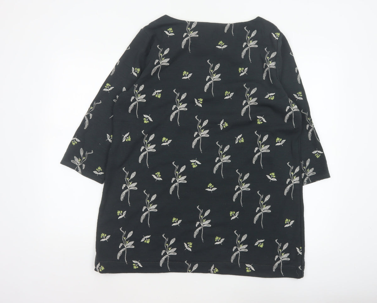 White Stuff Women Black Floral 3/4 Bell Sleeve Jersey Top UK 18