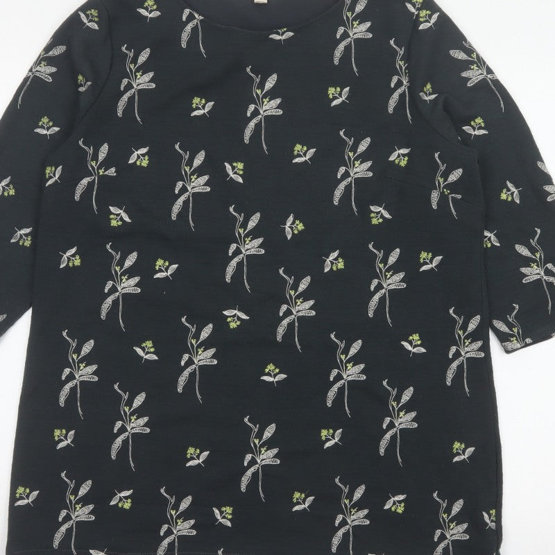 White Stuff Women Black Floral 3/4 Bell Sleeve Jersey Top UK 18