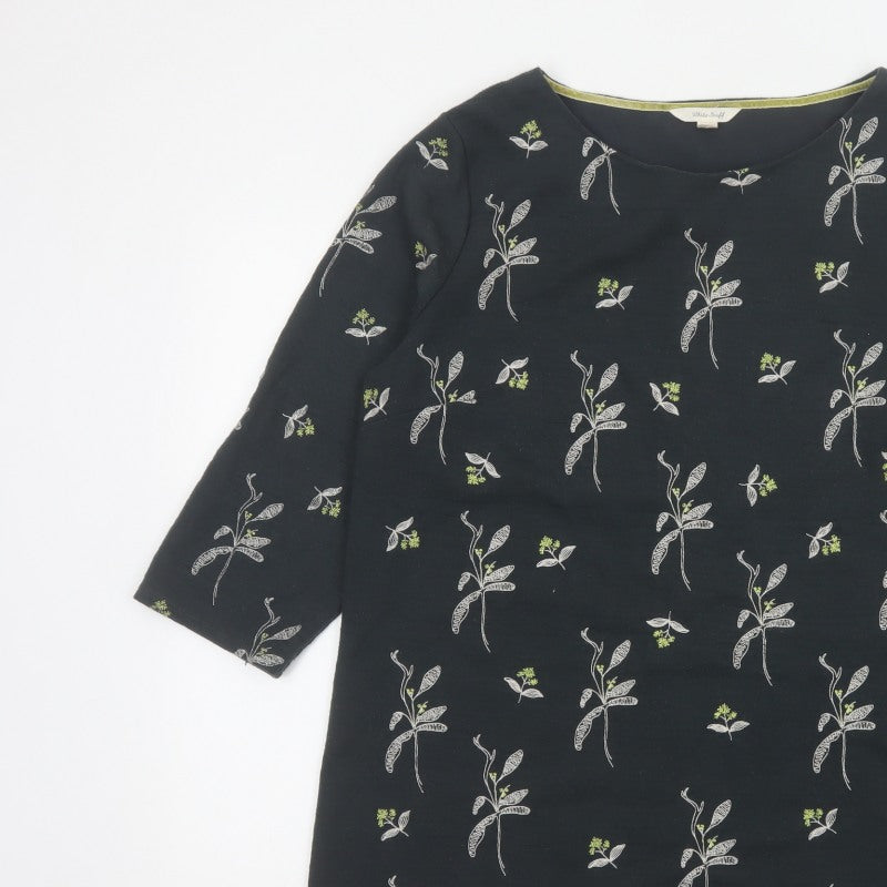 White Stuff Women Black Floral 3/4 Bell Sleeve Jersey Top UK 18