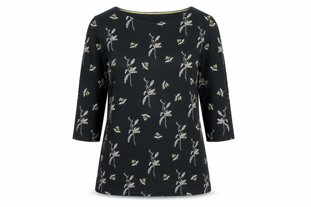 White Stuff Women Black Floral 3/4 Bell Sleeve Jersey Top UK 18