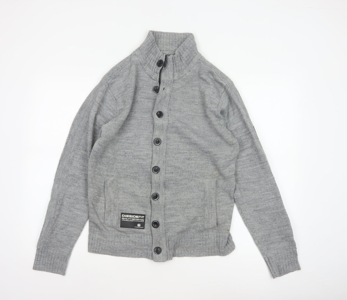 Dissident Men Grey M Button Cardigan High Neck Knit Pockets