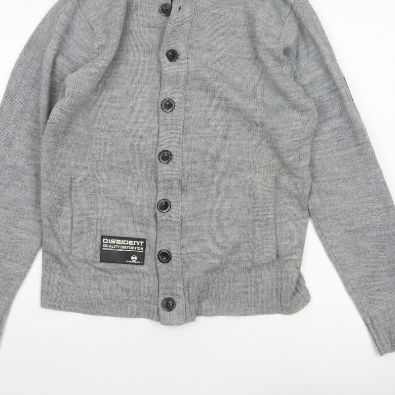 Dissident Men Grey M Button Cardigan High Neck Knit Pockets