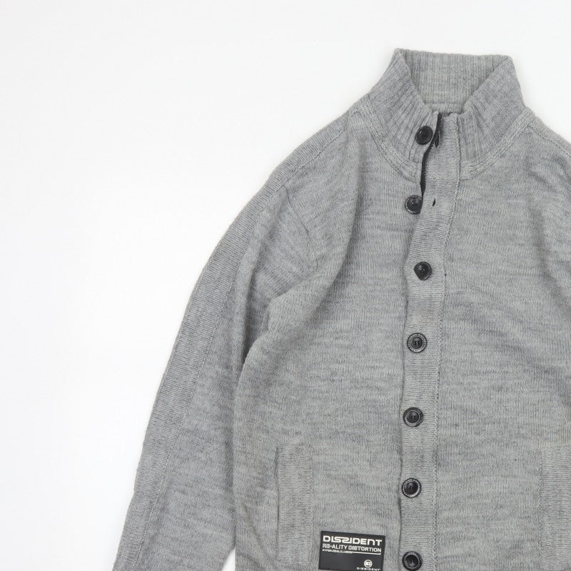 Dissident Men Grey M Button Cardigan High Neck Knit Pockets