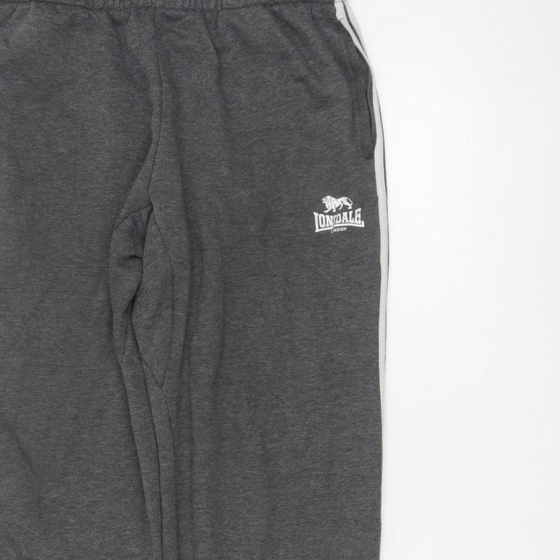Lonsdale Men’s Grey M Jogger Sweatpants Logo Stripe Cuffed Pockets