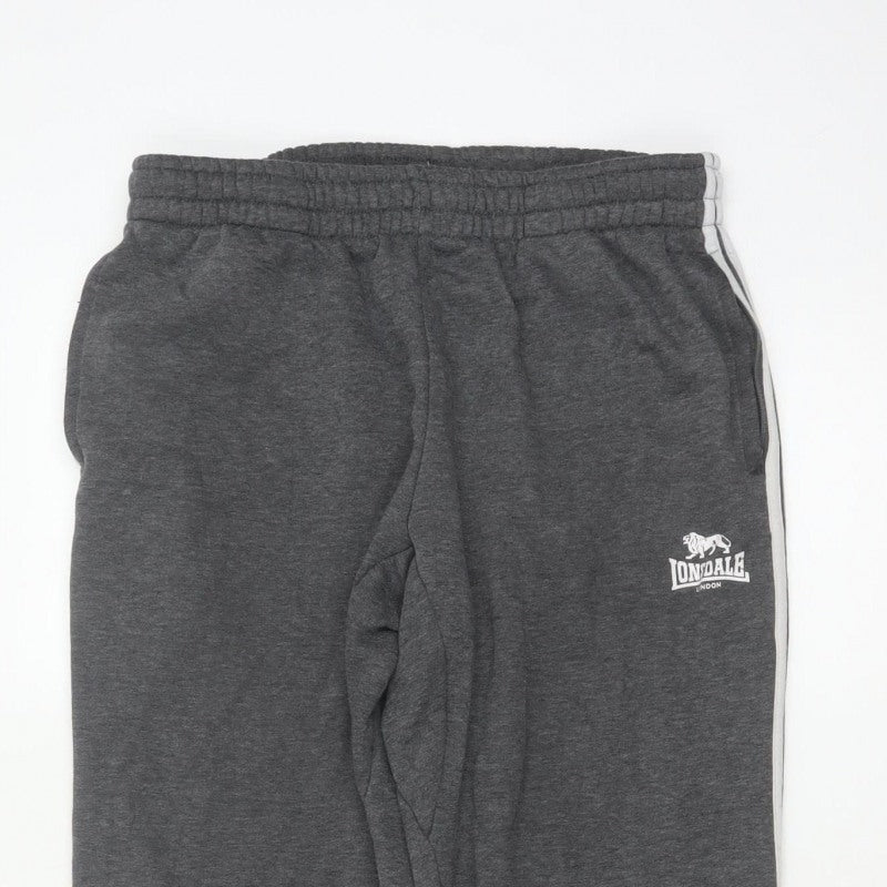 Lonsdale Men’s Grey M Jogger Sweatpants Logo Stripe Cuffed Pockets