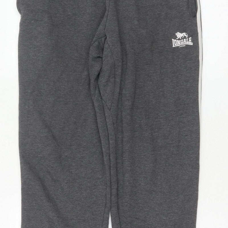 Lonsdale Men’s Grey M Jogger Sweatpants Logo Stripe Cuffed Pockets
