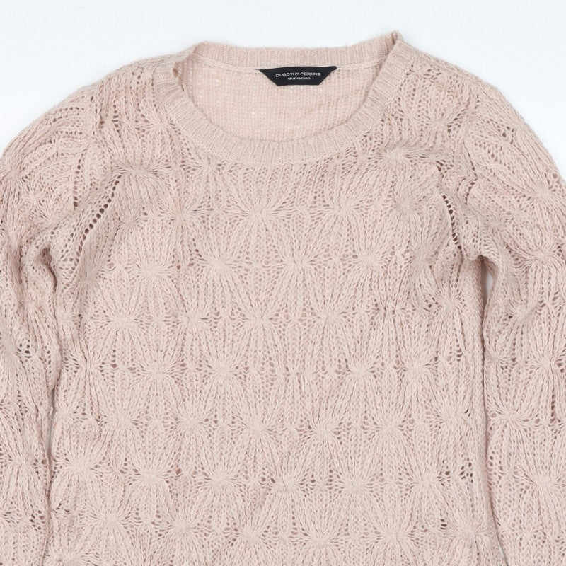 Dorothy Perkins Women Pink UK 12 Floral Open Knit Pullover Jumper