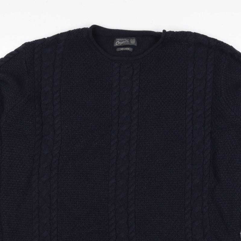 Jack & Jones Unisex Blue L Cable Knit Crew Neck Pullover Jumper