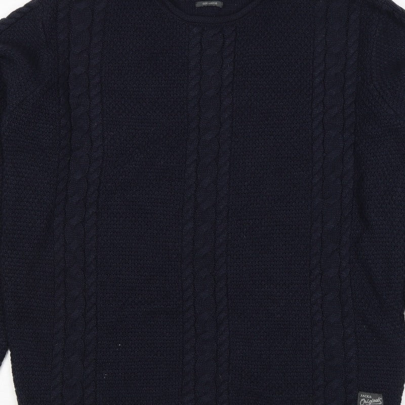 Jack & Jones Unisex Blue L Cable Knit Crew Neck Pullover Jumper