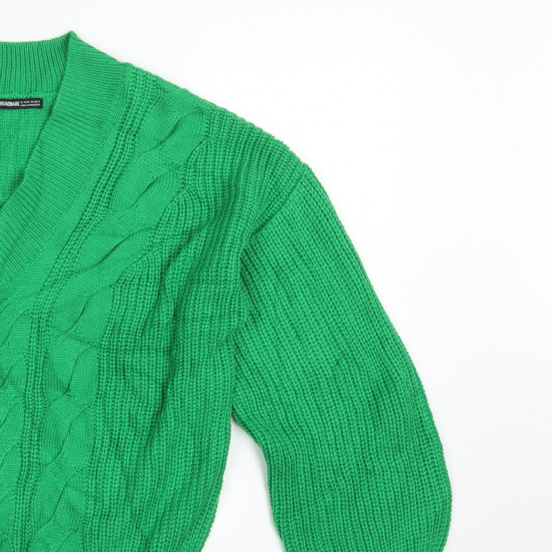 Threadbare Women’s Green Cable Knit V-Neck Balloon Sleeve Jumper UK 10