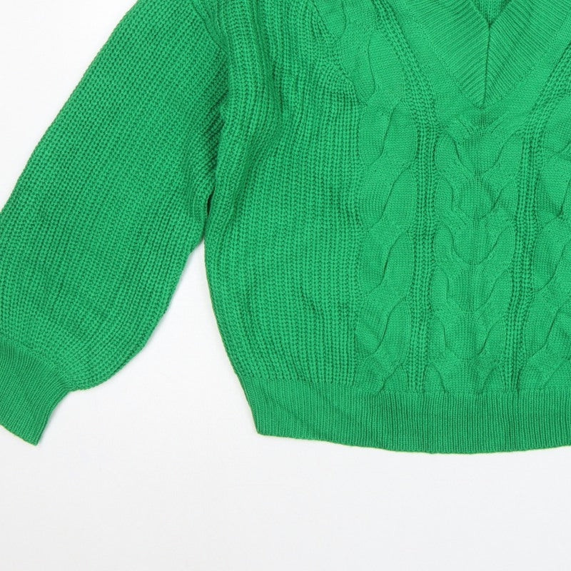Threadbare Women’s Green Cable Knit V-Neck Balloon Sleeve Jumper UK 10