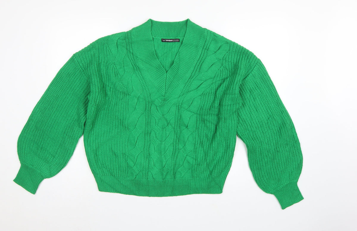 Threadbare Women’s Green Cable Knit V-Neck Balloon Sleeve Jumper UK 10