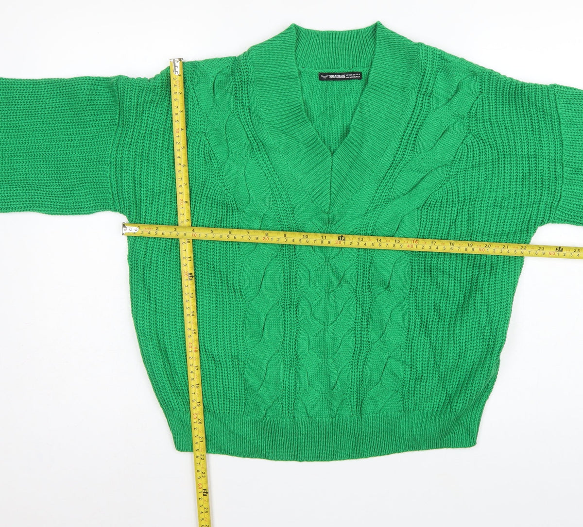 Threadbare Women’s Green Cable Knit V-Neck Balloon Sleeve Jumper UK 10