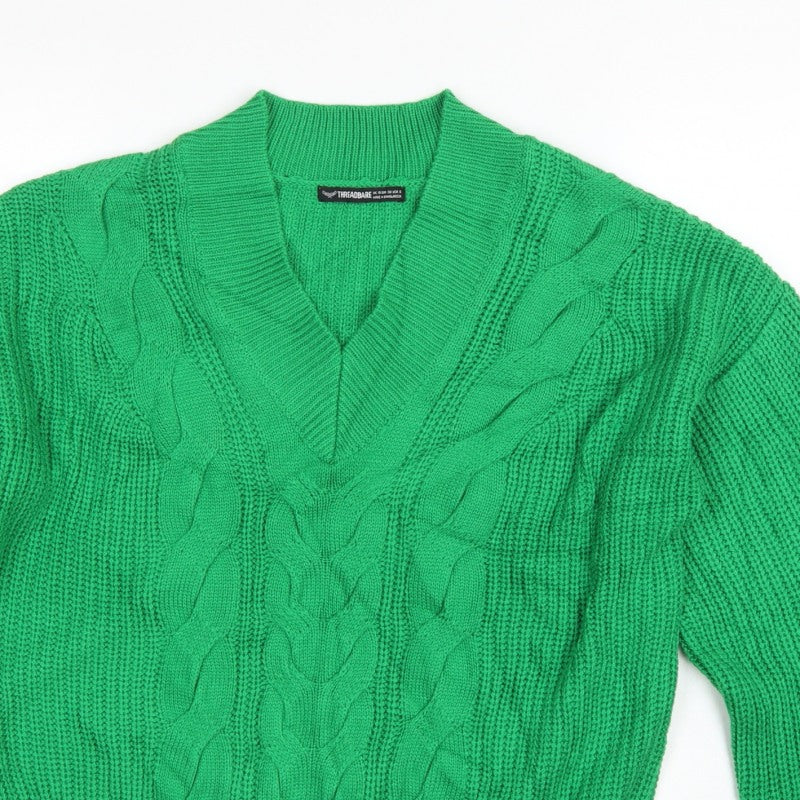 Threadbare Women’s Green Cable Knit V-Neck Balloon Sleeve Jumper UK 10