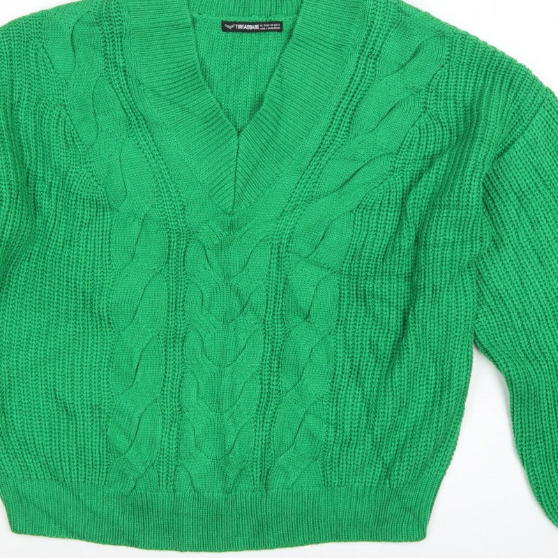 Threadbare Women’s Green Cable Knit V-Neck Balloon Sleeve Jumper UK 10