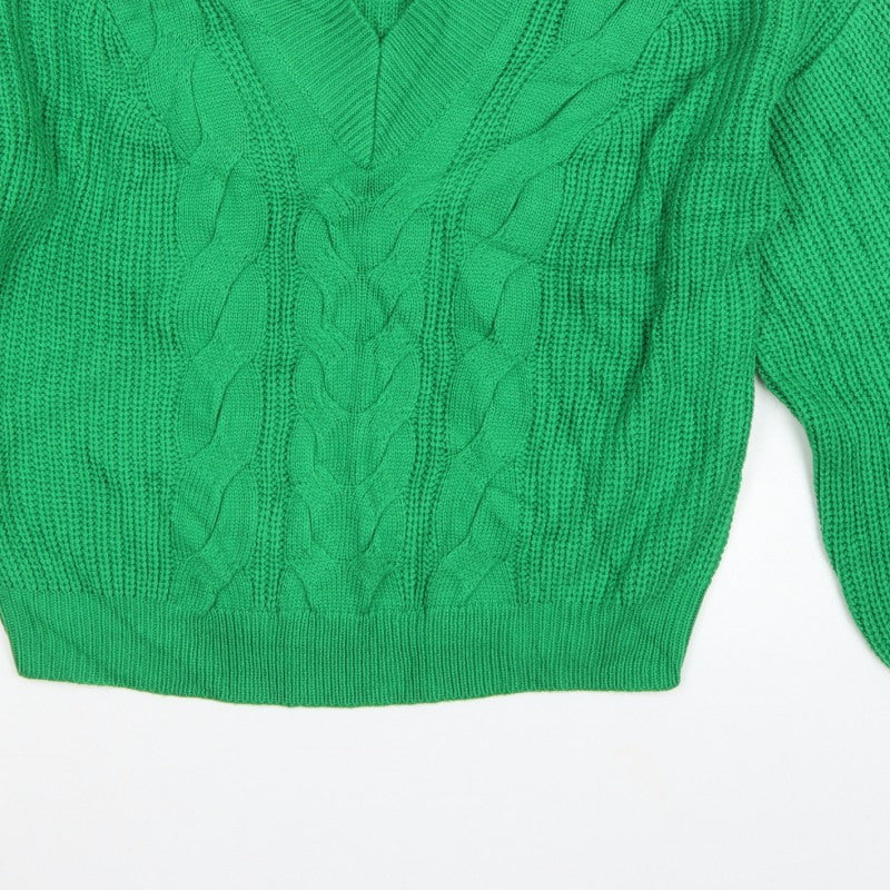 Threadbare Women’s Green Cable Knit V-Neck Balloon Sleeve Jumper UK 10