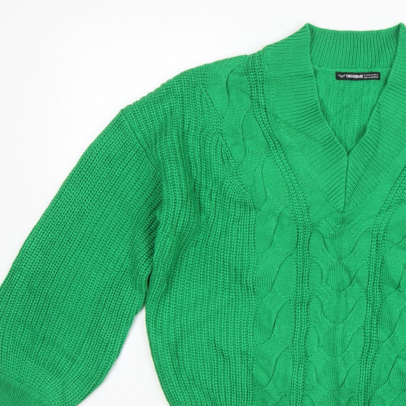Threadbare Women’s Green Cable Knit V-Neck Balloon Sleeve Jumper UK 10