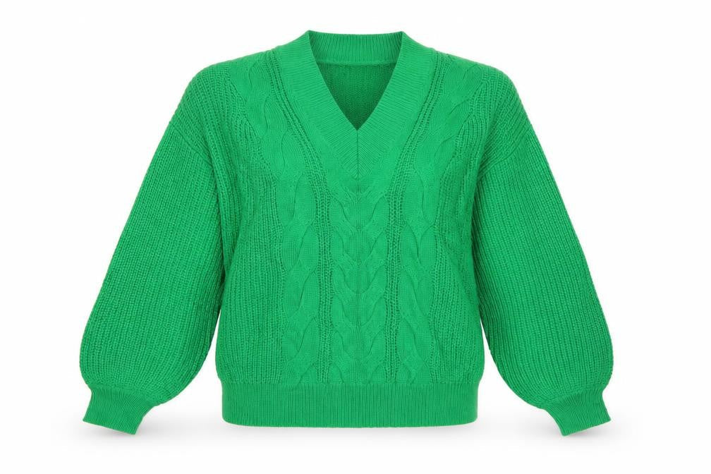 Threadbare Women’s Green Cable Knit V-Neck Balloon Sleeve Jumper UK 10