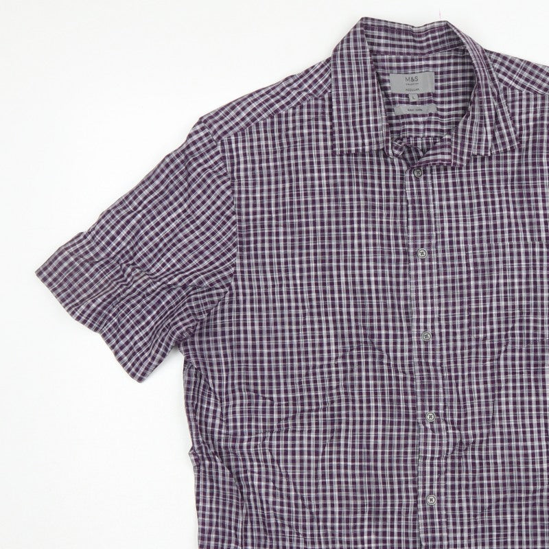 Marks and Spencer Men Purple Check Short Sleeve Button-Up Shirt L