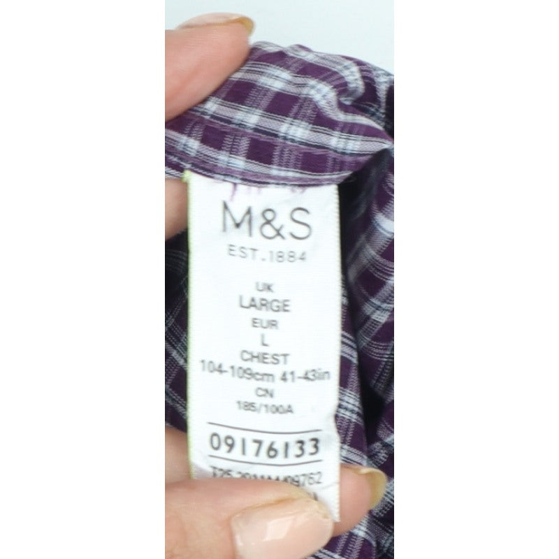 Marks and Spencer Men Purple Check Short Sleeve Button-Up Shirt L