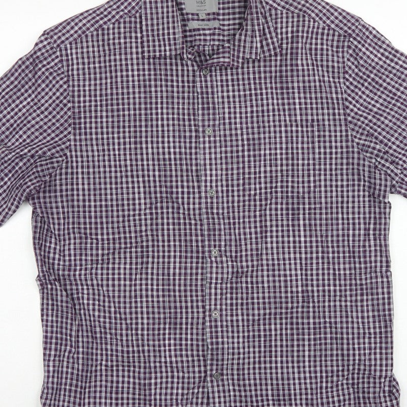 Marks and Spencer Men Purple Check Short Sleeve Button-Up Shirt L