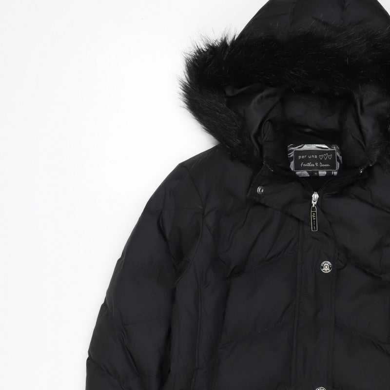 Per Una Women Black M Puffer Jacket Hooded Faux Fur Trim