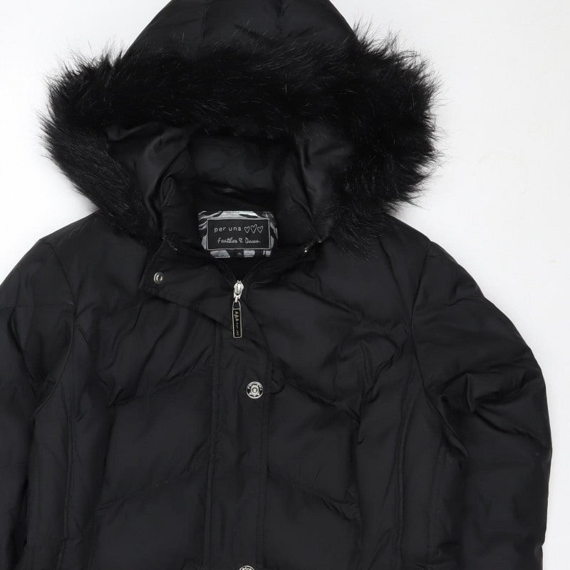 Per Una Women Black M Puffer Jacket Hooded Faux Fur Trim