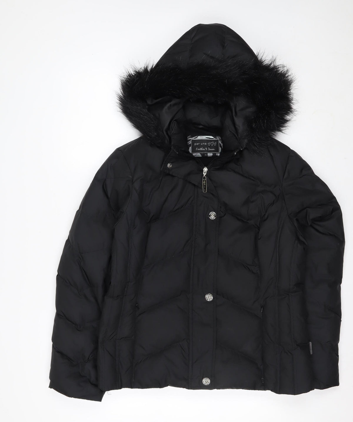 Per Una Women Black M Puffer Jacket Hooded Faux Fur Trim