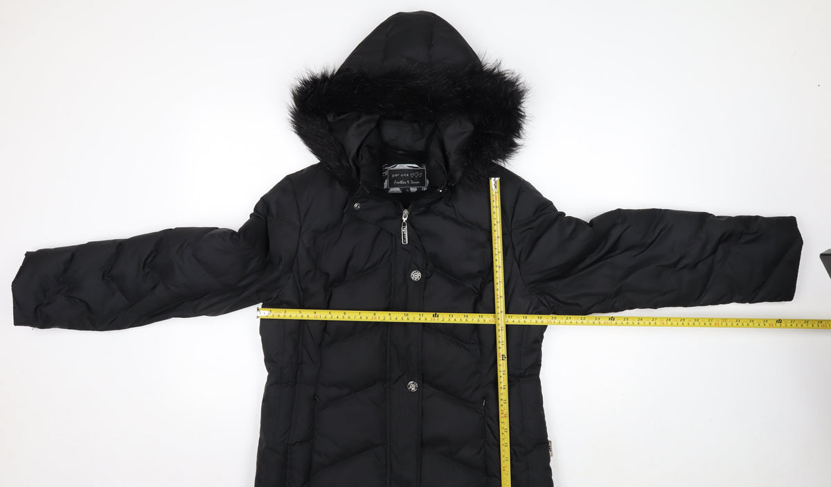 Per Una Women Black M Puffer Jacket Hooded Faux Fur Trim