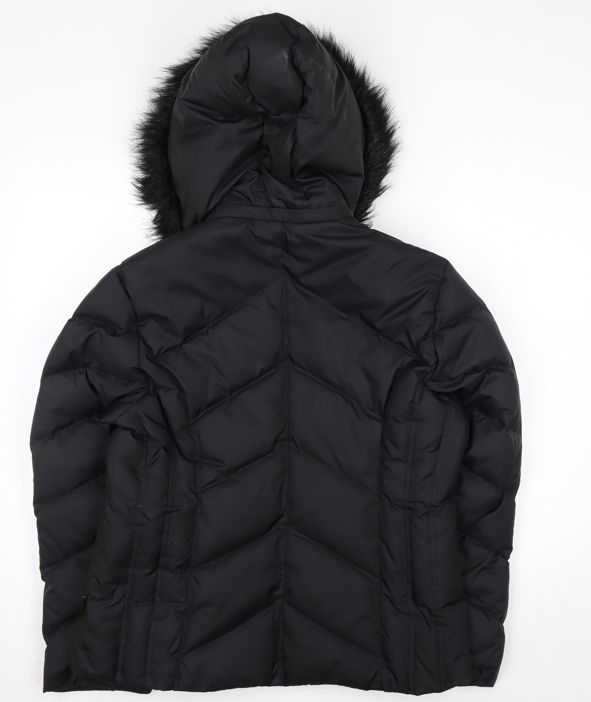 Per Una Women Black M Puffer Jacket Hooded Faux Fur Trim