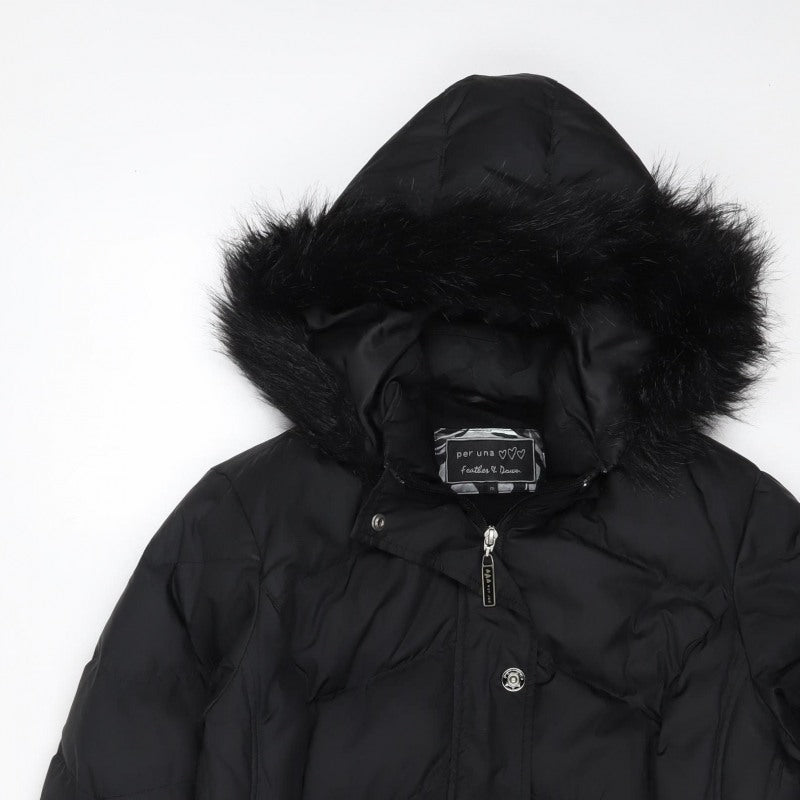 Per Una Women Black M Puffer Jacket Hooded Faux Fur Trim