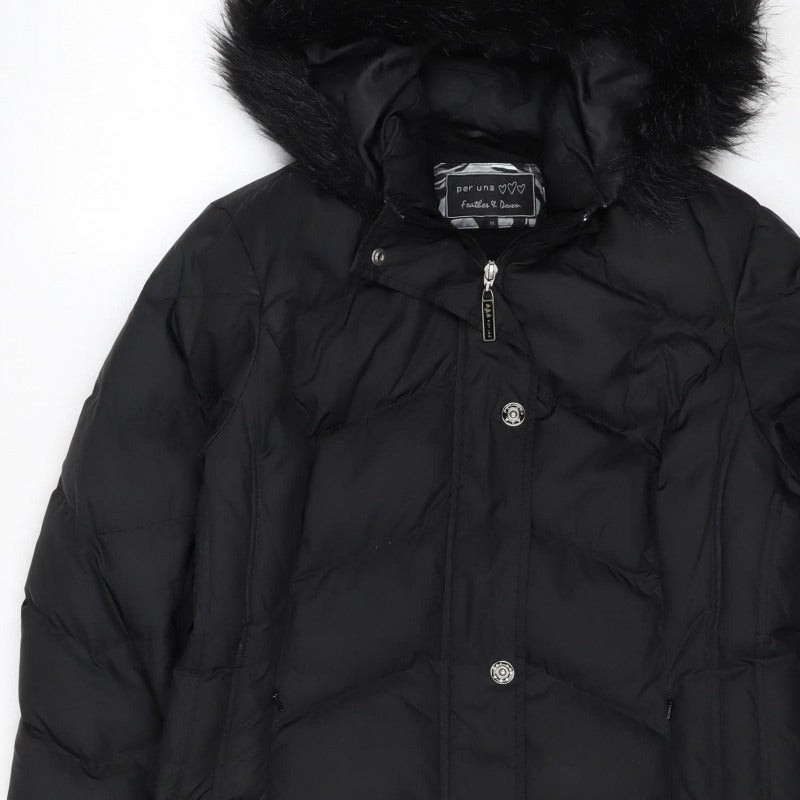 Per Una Women Black M Puffer Jacket Hooded Faux Fur Trim