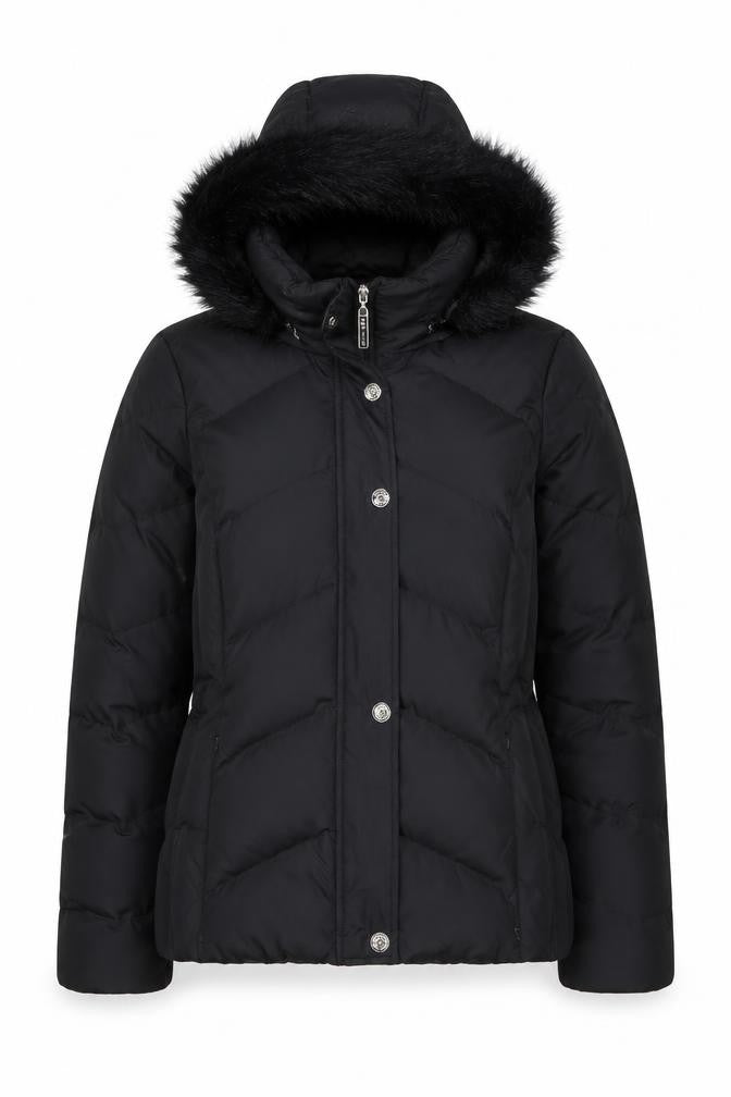 Per Una Women Black M Puffer Jacket Hooded Faux Fur Trim