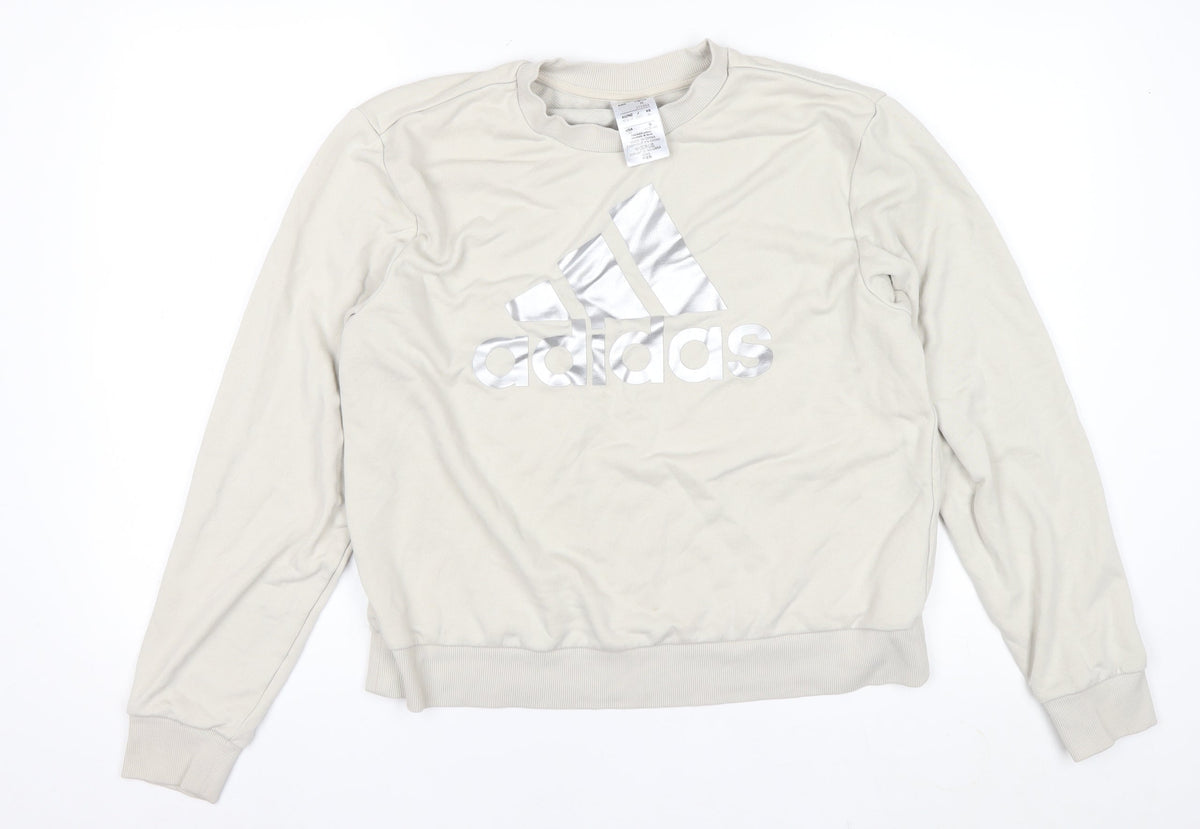 adidas Men Beige M Pullover Crew Neck Silver Logo Sweatshirt