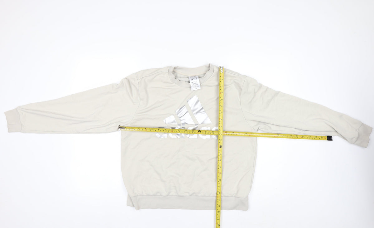 adidas Men Beige M Pullover Crew Neck Silver Logo Sweatshirt