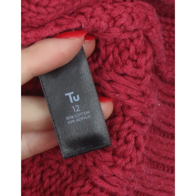 TU Women Red Size 12 Cable-Knit Cotton Blend Pullover Jumper